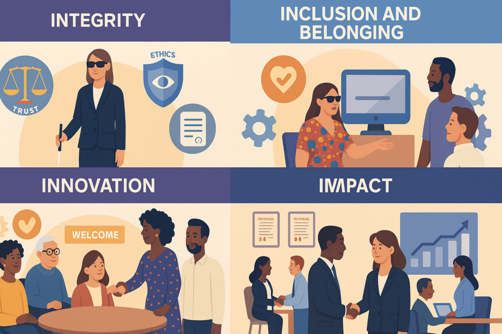 Illustrative cartoon of the four values of C4i Solutions:  Integrity, Inclusion and Belonging, Innovation and Impact